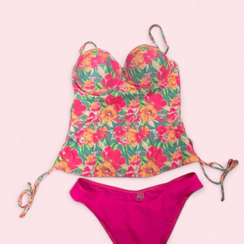 SHEIN Floral Tankini Swimsuit Set Size XL Pink Green Orange Bikini